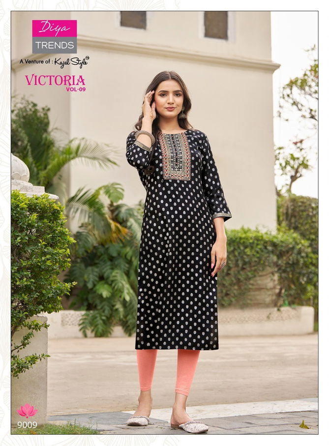 Victoria Vol 9 By Diya Rayon Foil Printed Kurtis Wholesale Shop In Surat
